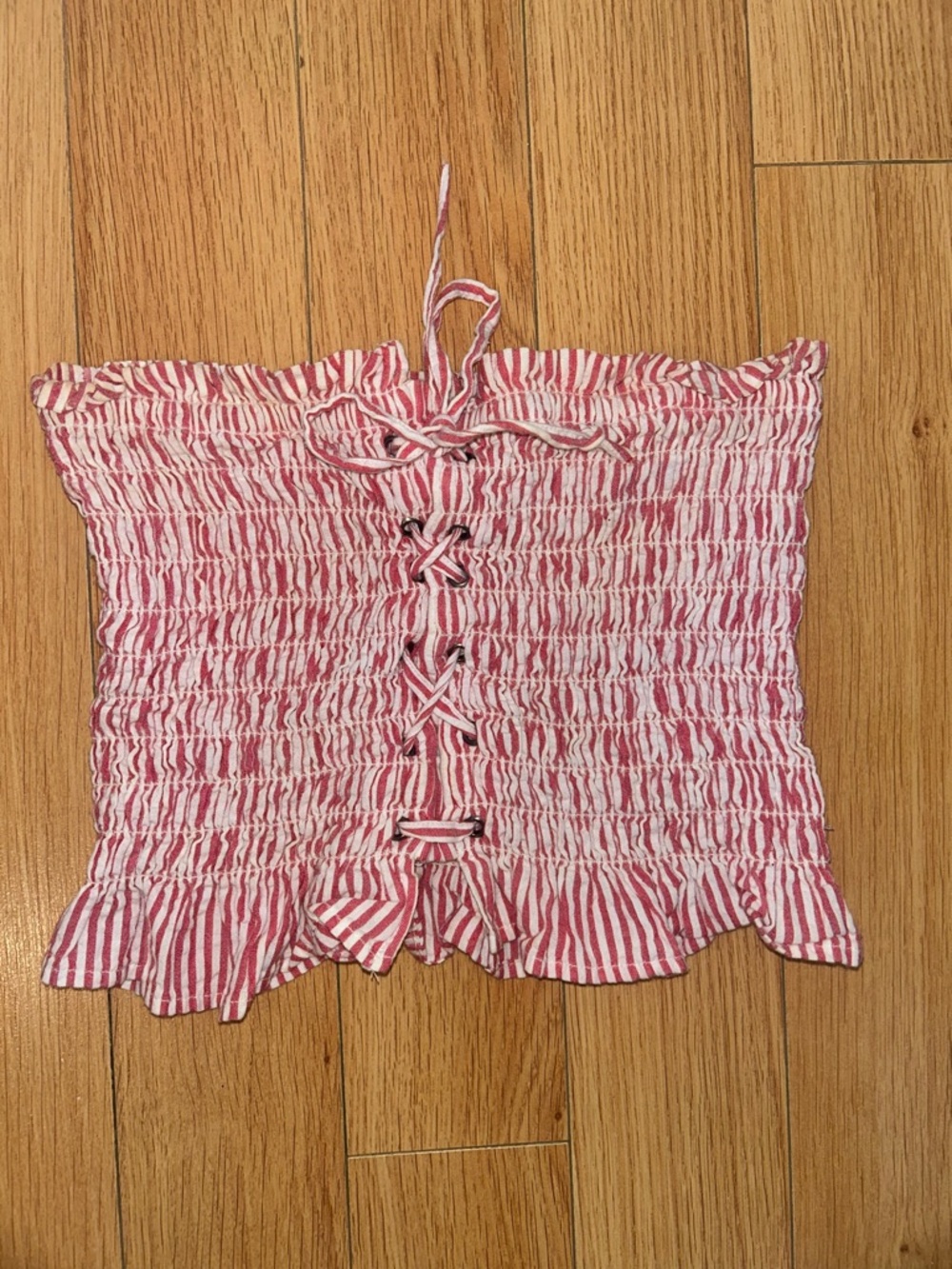 American Eagle Outfitters Pink & White Smocked Lace-Up Tube Top